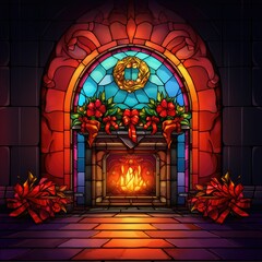 Christmas eve cozy fireplace in stained glass style