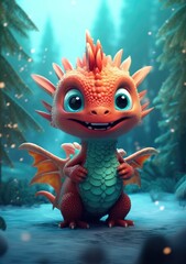 Fototapeta premium A beautiful cute magic dragon with big kind eyes sits against the backdrop of a fairy forest. A wonderful and sweet character.