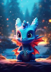 Fototapeta na wymiar A beautiful cute magic dragon with big kind eyes sits against the backdrop of a fairy forest. A wonderful and sweet character.