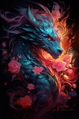 Great mighty dragon on a black background and beautiful pink flowers. Print or painting for the wall.