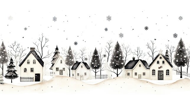 Winter village, black and white watercolor Christmas background. Generative AI