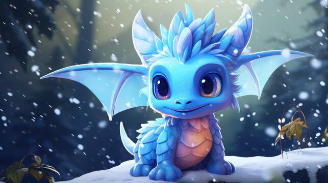 Cute funny charming dragon sits on the snow. Against the background of a winter forest. Symbol of the New Year.