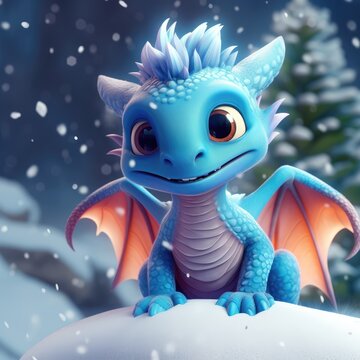 Cute funny charming dragon sits on the snow. Against the background of a winter forest. Symbol of the New Year.