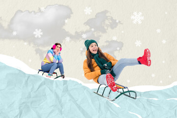 Collage pop sketch of funky funny girlfriends sledding enjoying new vacation isolated painting background