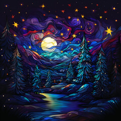 Winter night landscape in stained glass style