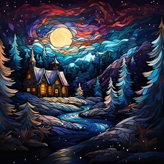 Winter night landscape in stained glass style