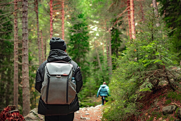 Close up - Traveller woman with a backpack walks along in a pine forest path, adventure - obrazy, fototapety, plakaty