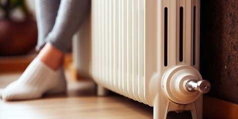 Woman feet near radiator enjoys the warmth , concept of Comfort