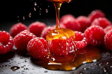 Honey dripping from a wooden honey dipper with fresh raspberries on a black background