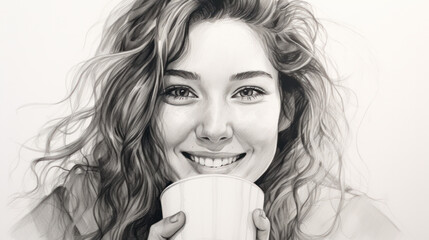 pretty woman or cute sexy girl with long brunette hair and smiling face in nightie shirt holds coffee or tea cup, pencil drawing