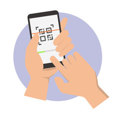 Cashless payment for online shopping. hand with smartphone scans QR code. Vector illustration