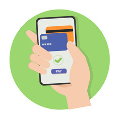 Contactless cashless payment with virtual credit card on mobile phone. Hand paying approve success with POS terminals and NFC technology. vector illustration isolated on white background