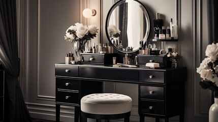 Fototapeta na wymiar A chic black vanity table with a Hollywood-style mirror and silver hardware