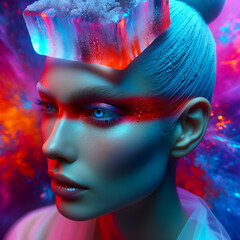 4K hyper-realistic image where a woman, her features defined, has a unique ice block on her head with a painted red stripe running across it. The vivid, intense colors of the surroundings pop, and the