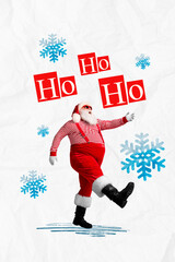 Collage retro sketch of funny funky santa claus walking celebrating new year saying hohoho isolated white color background