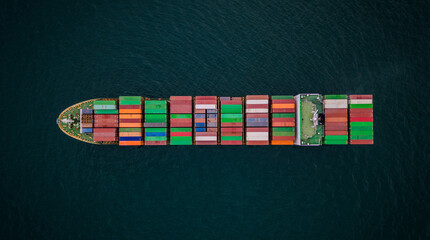 A loaded container ship in the sea, aerial view, concept of international trade and shipping