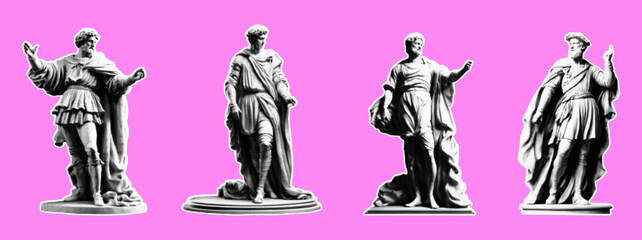Fototapeta na wymiar Set of statues of men in retro collage style of the Renaissance. Vector illustration with halftone effect. Set of stickers in vintage style.