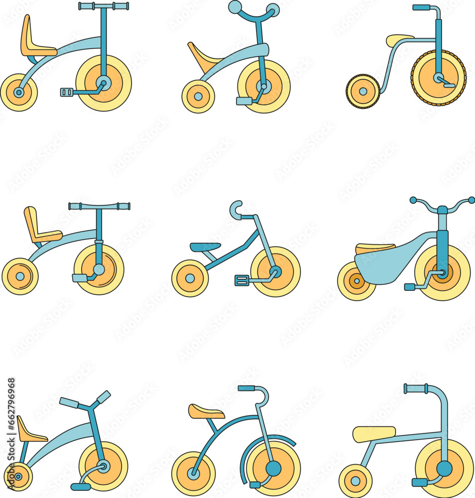 Poster Tricycle bicycle bike wheel icons set. Outline illustration of 9 tricycle bicycle bike wheel vector icons thin line color flat on white