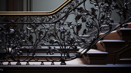 The intricate design of a wrought-iron staircase railing