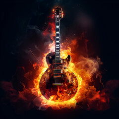 An electric guitar engulfed in fire, the flames swirling around it, casting an intense and destructive glow. The heat warps the instrument's shape, creating a mesmerizing yet ominous sight. - obrazy, fototapety, plakaty