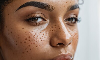 Close up of freckles on mixed race woman 