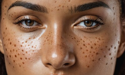 Close up of freckles on mixed race woman 