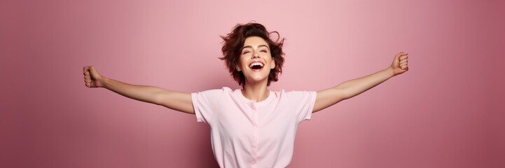 Beautiful young girl in casual white t-shirt smiling over pink background. Happiness and wellness. Human emotions