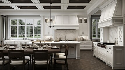 White kitchen with brown island and coffered ceiling - obrazy, fototapety, plakaty