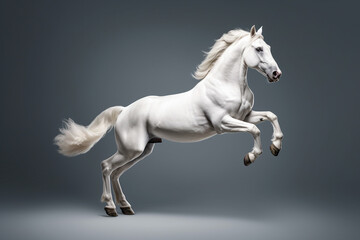 Naklejka na ściany i meble Beautiful white horse rearing on grey background