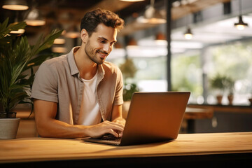 Young man freelancer with working on table by laptop in coworking space, Work from home and remote job concept with laptop