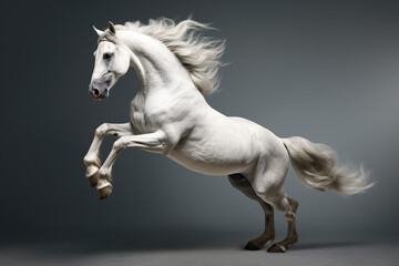 Obraz na płótnie Canvas Beautiful white horse rearing on grey background