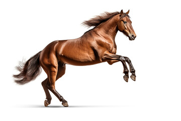 Beautiful brown horse rearing on white background