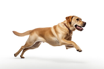 Labrador Retriever dog running and jumping isolated on white background. - obrazy, fototapety, plakaty