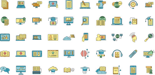 Fototapeta premium E-learning training icons set. Outline illustration of 50 E-learning training vector icons thin line color flat on white