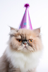 cute persian cat with birthday party hat looking at camera against white studio background.