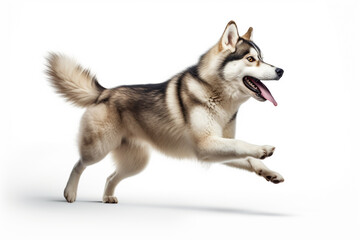 Happy alaskan malamute dog jumping and running isolated on white background - obrazy, fototapety, plakaty