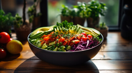 Healthy food in the daily diet, idea of Buddha bowl salad with vegetables and green herbs on table, against the background of window. Healthy vegetarian nutritious food from organic farms on the menu