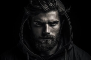 Dramatic close up black and white portrait of old homeless alcoholic man face depressed sick and lonely,  Generative AI