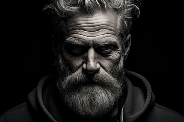 Dramatic close up black and white portrait of old homeless alcoholic man face depressed sick and lonely,  Generative AI - obrazy, fototapety, plakaty