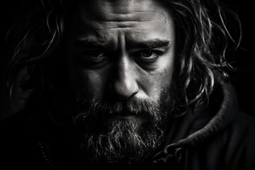 Dramatic close up black and white portrait of old homeless alcoholic man face depressed sick and lonely,  Generative AI