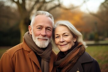 Portrait of Elderly couple. Joyful nice elderly couple smiling while being in a great mood, Generative AI