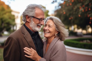 Fototapeta premium Portrait of Elderly couple. Joyful nice elderly couple smiling while being in a great mood, Generative AI