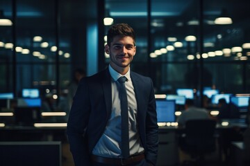 Fototapeta premium Portrait of a handsome CEO businessman smiling at modern office, Generative AI