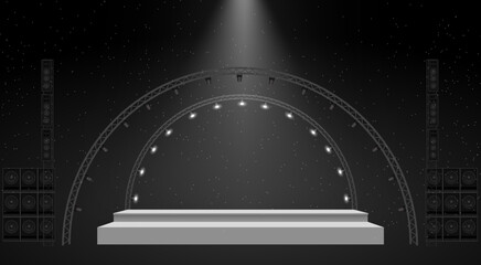 white stage and speaker with spotlight on the truss system in the night