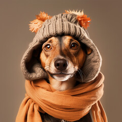 Happy dog dressed in winter clothes portrait on isolated background - ai generative