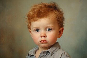 Portrait of serious stern baby on pastel background, Generative AI