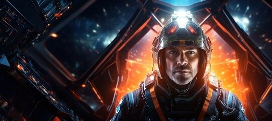 Portrait of Caucasian male astronaut inside spaceship cockpit,  Generative AI