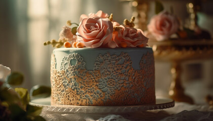 Fototapeta na wymiar Gourmet dessert with fresh baked chocolate cake and floral decoration generated by AI