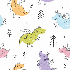 Vector seamless pattern from a collection of cute dragons drawn by hand in the style of doodles.