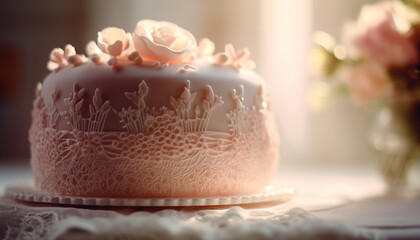 Obraz na płótnie Canvas Sweet gourmet indulgence: chocolate baked cake with fresh fruit decoration generated by AI